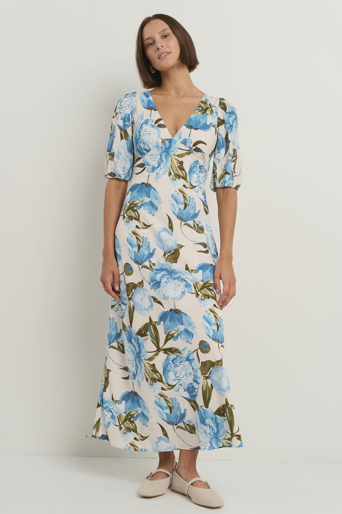 Amora Blue Vintage Floral SS Bias Midi Dress