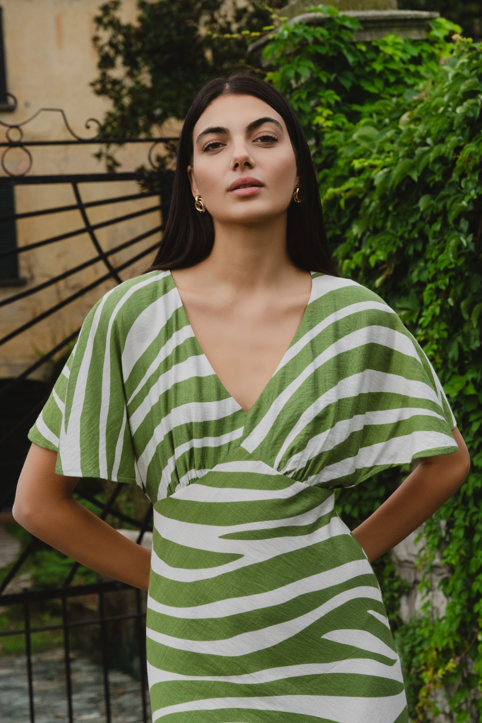 Anticipate Green Zebra Kimono Short Sleeve Bias Maxi Dress