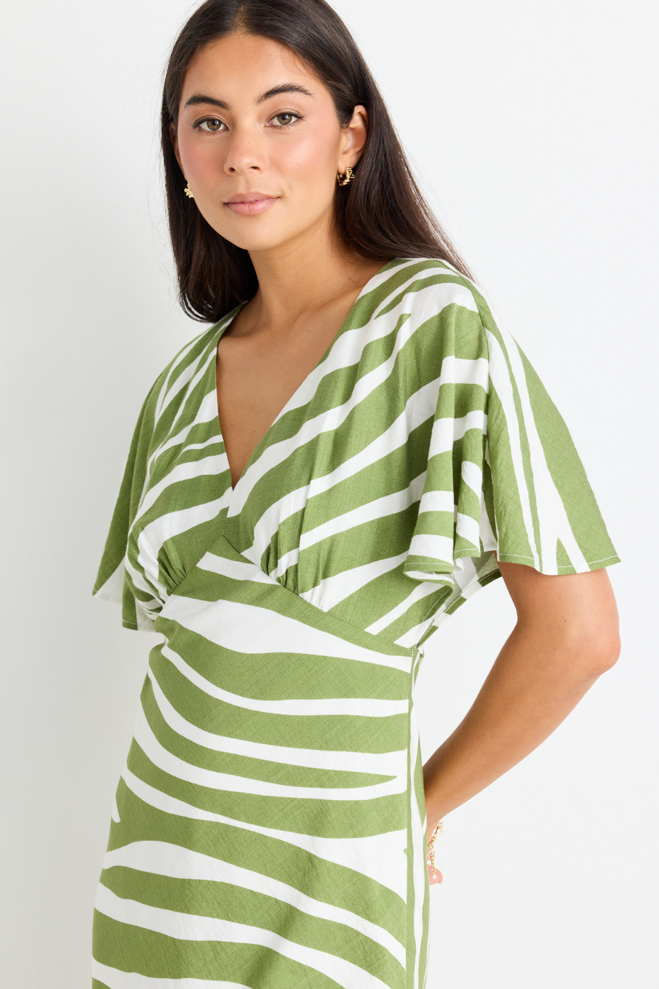 Anticipate Green Zebra Kimono Short Sleeve Bias Maxi Dress