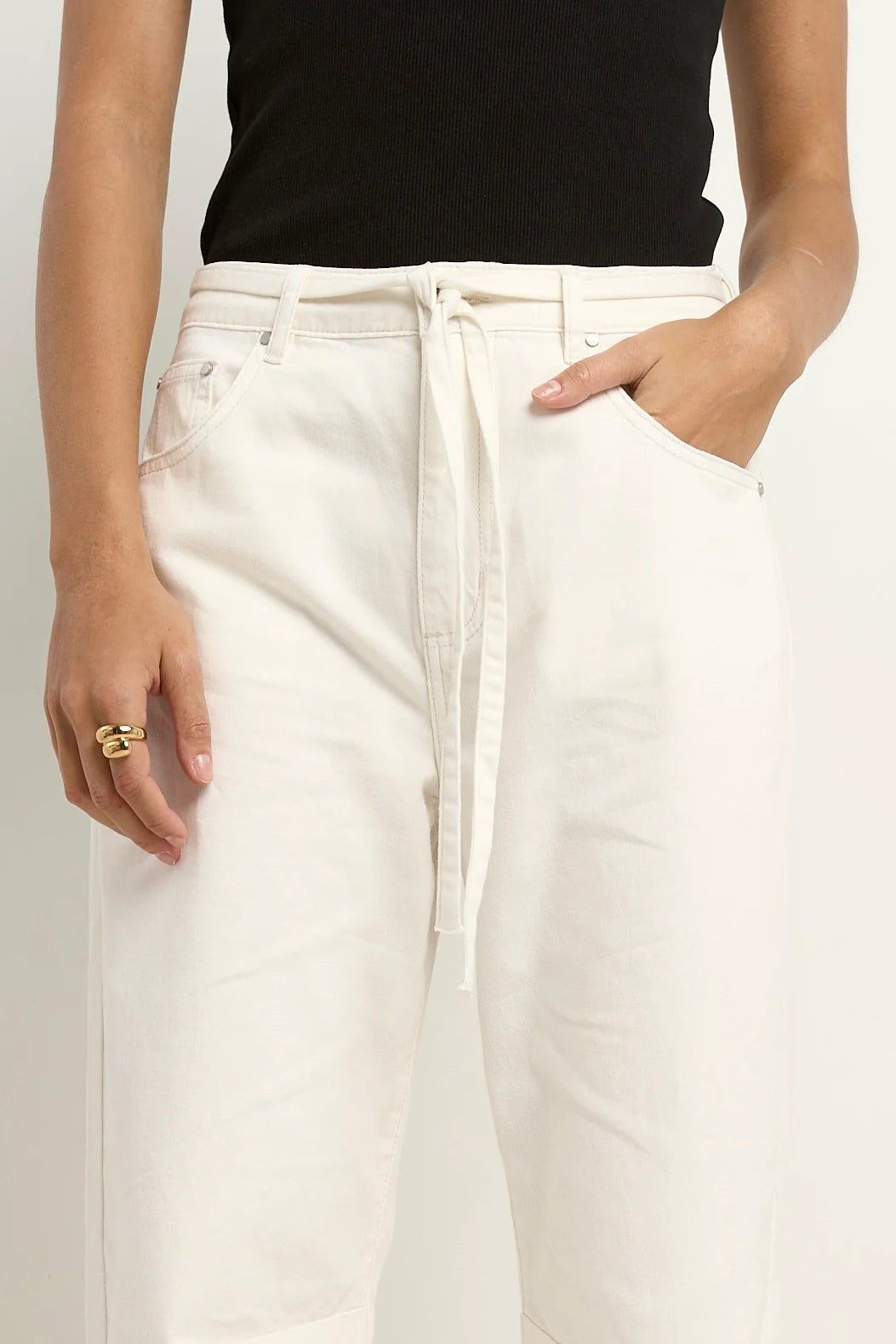 Campus Ecru Tie Waist Barrel Jeans