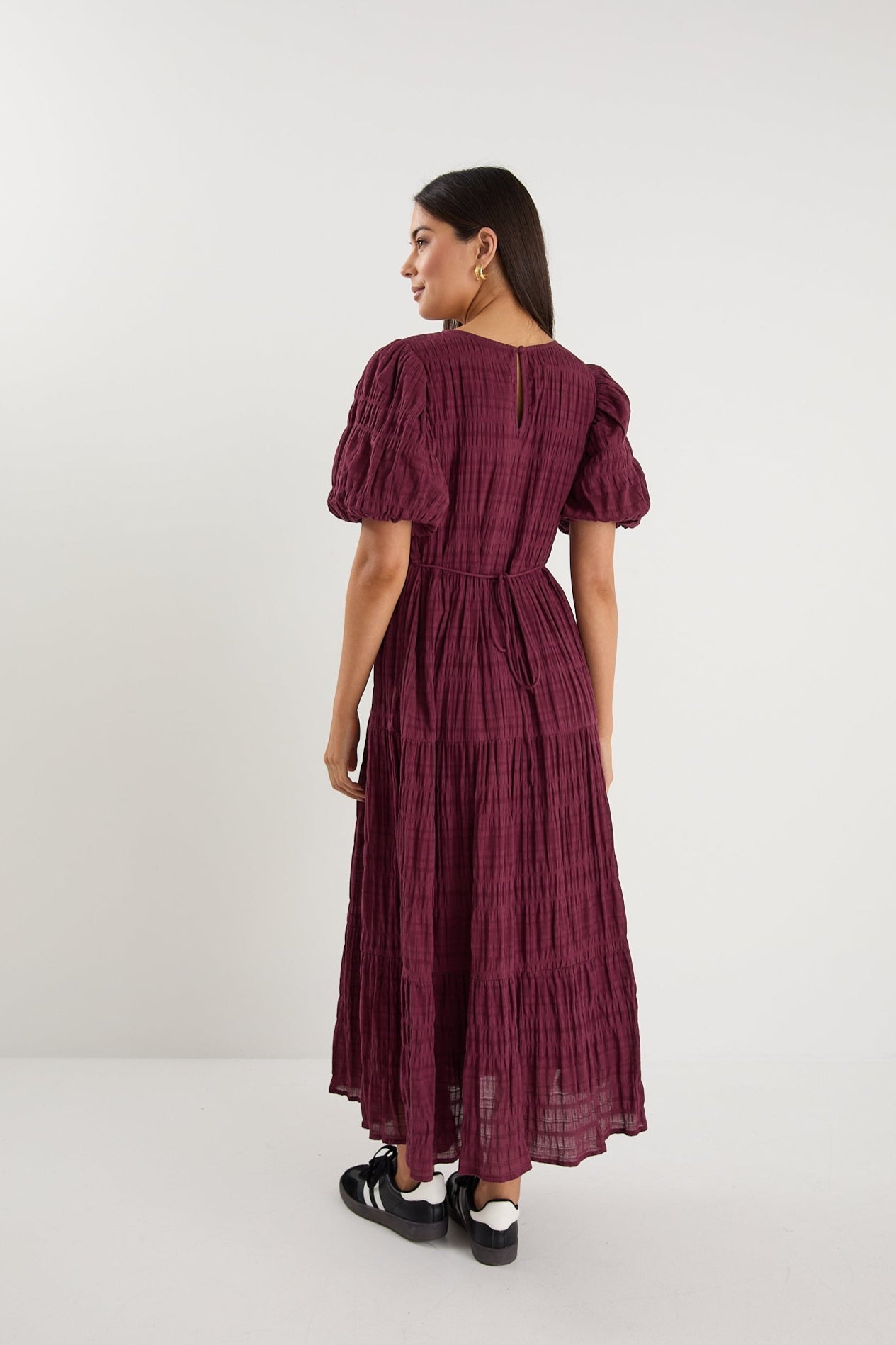 Graceful Burgundy Shirred Cotton Bubble Short Sleeve Tiered Maxi Dress