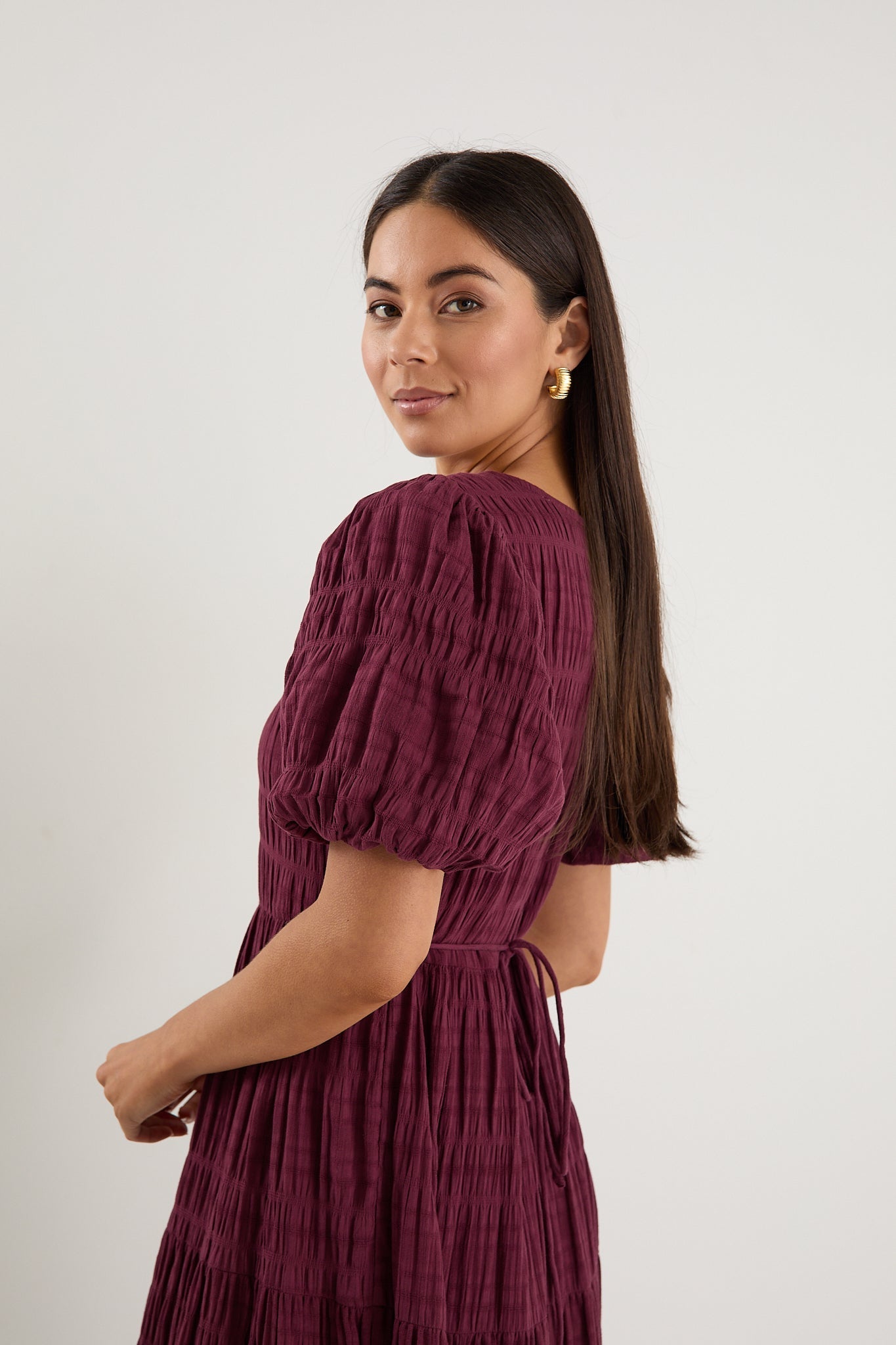 Graceful Burgundy Shirred Cotton Bubble Short Sleeve Tiered Maxi Dress