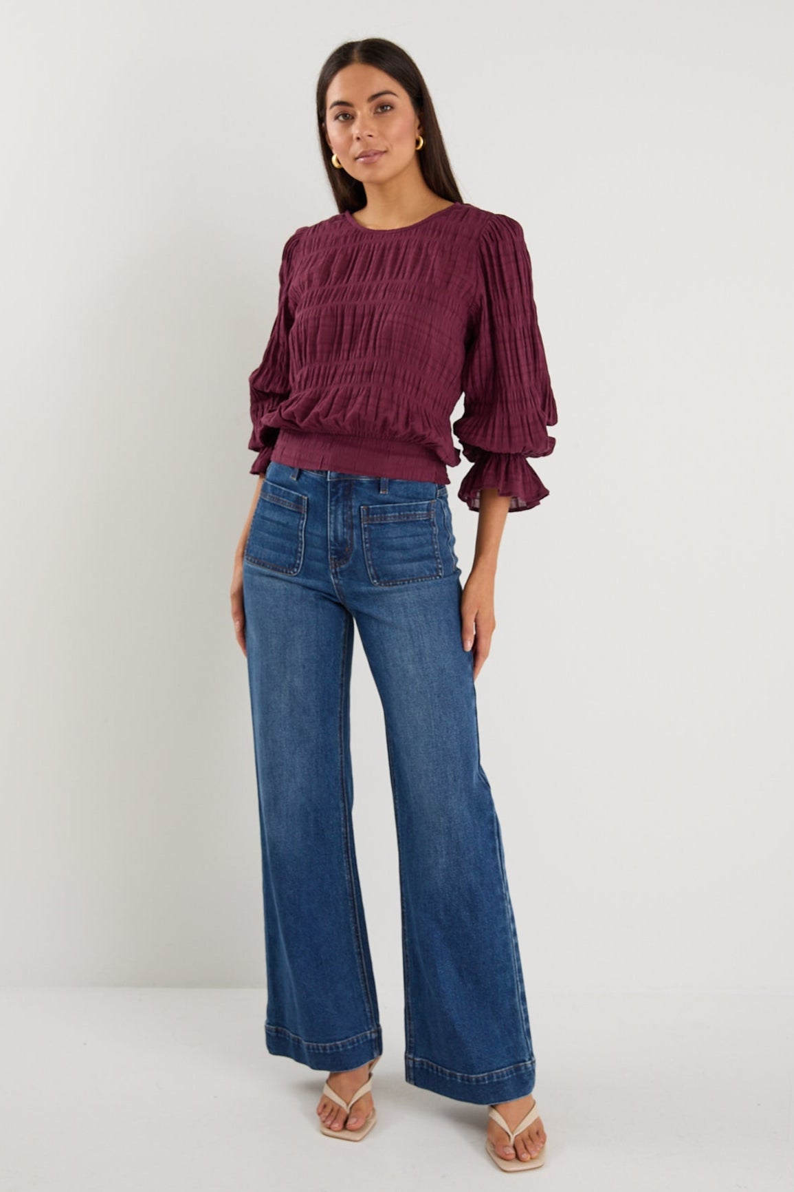 Imagine Burgundy Shirred Cotton Frill Sleeve LS Top