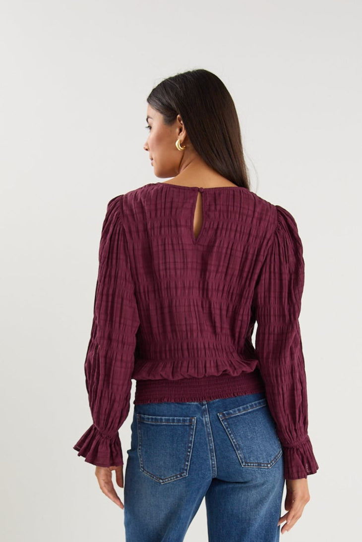 Imagine Burgundy Shirred Cotton Frill Sleeve LS Top