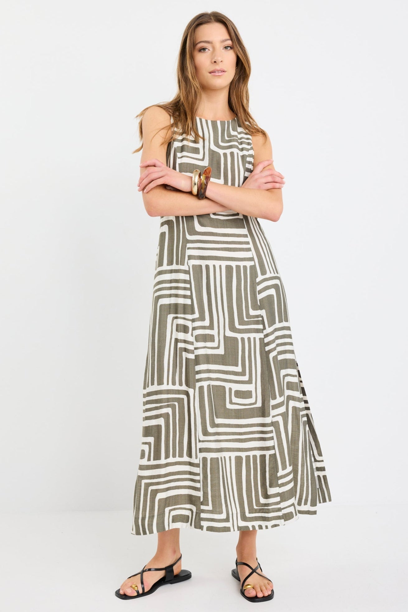 Future Khaki Maze Print Sleeveless Midi Dress