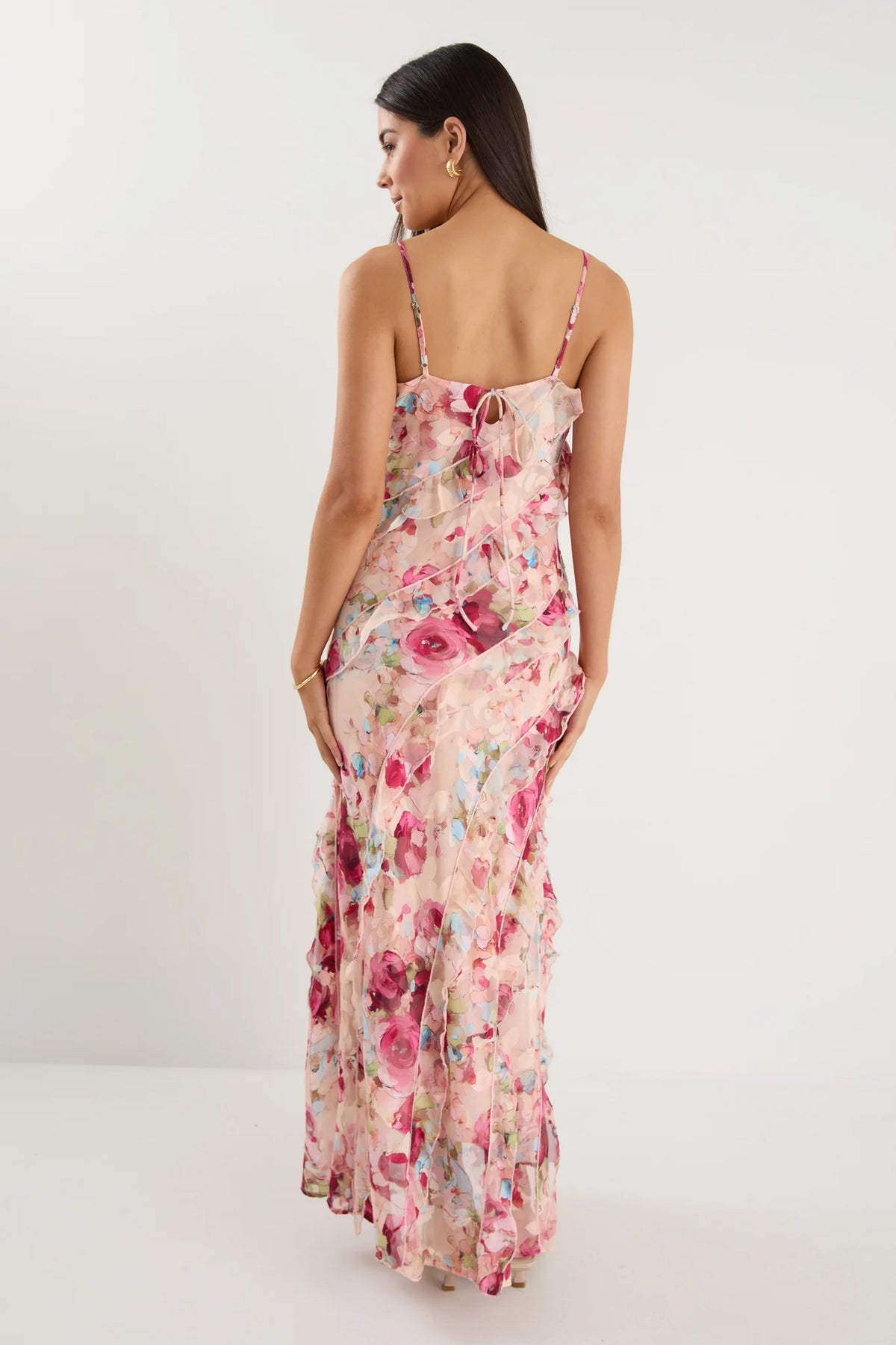 Galore Painted Rose Bias Ruffle Slip Maxi Dress
