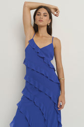 Galore Electric Blue Bias Ruffle Slip Maxi Dress