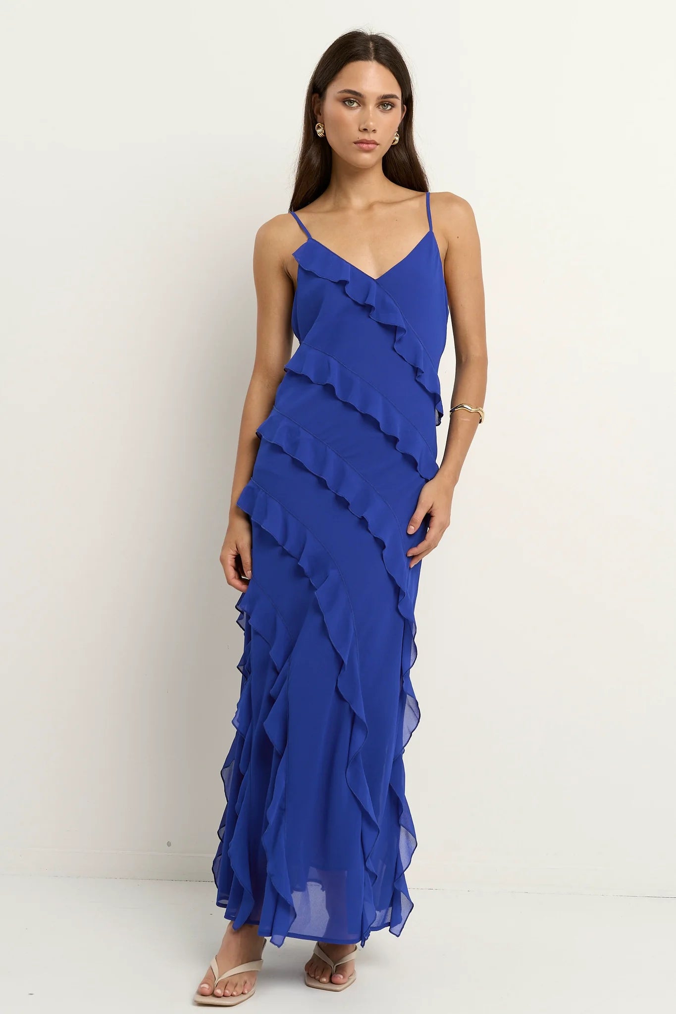 Galore Electric Blue Bias Ruffle Slip Maxi Dress