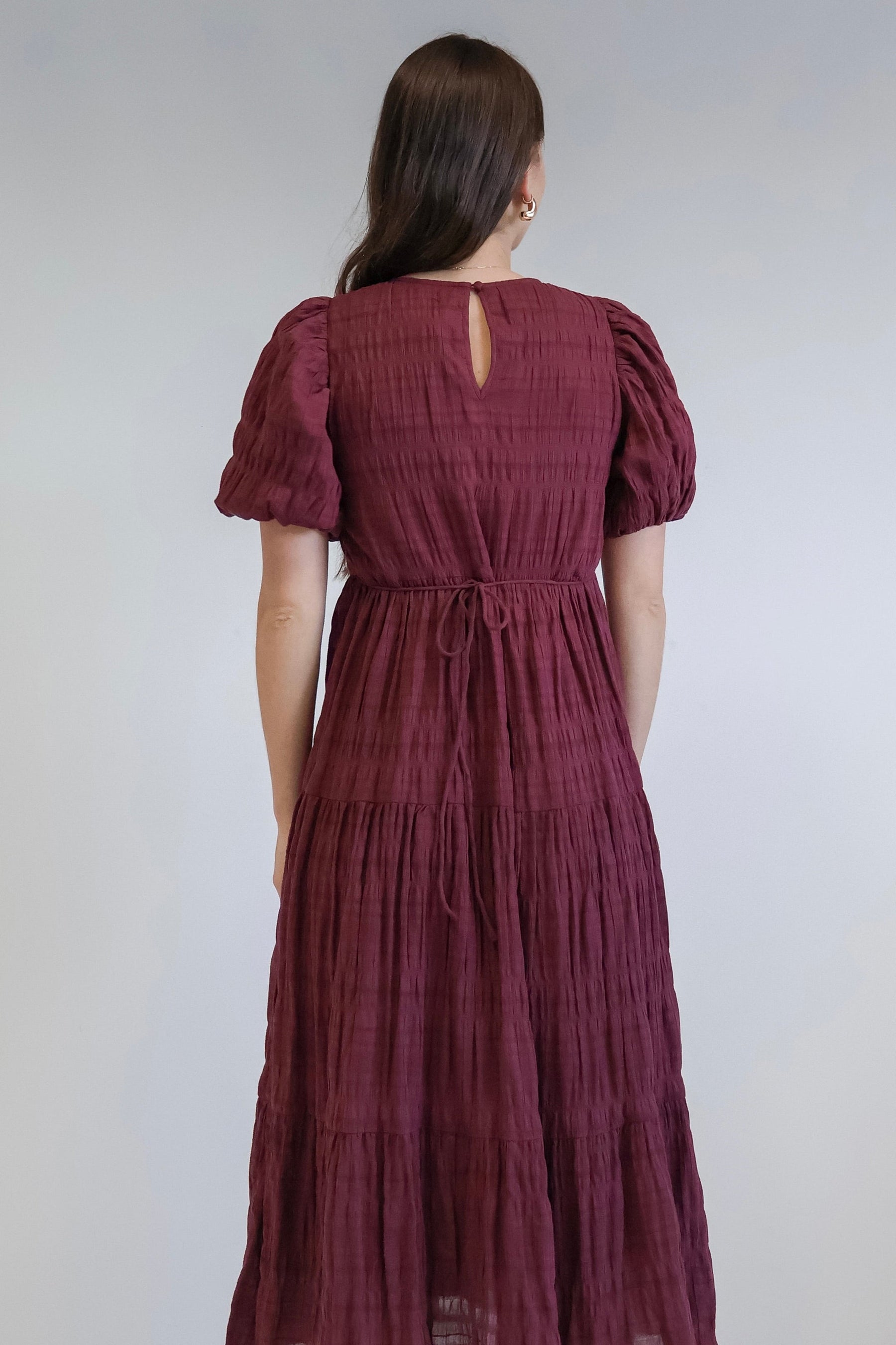 Graceful Burgundy Shirred Cotton Bubble Short Sleeve Tiered Maxi Dress