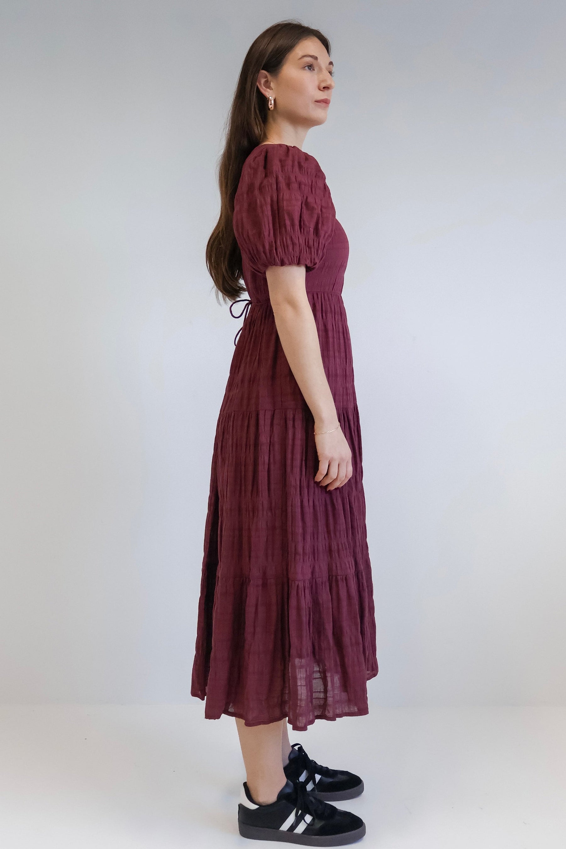 Graceful Burgundy Shirred Cotton Bubble Short Sleeve Tiered Maxi Dress