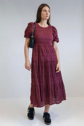 Graceful Burgundy Shirred Cotton Bubble Short Sleeve Tiered Maxi Dress