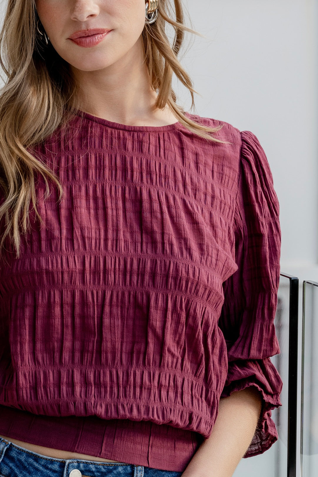 Imagine Burgundy Shirred Cotton Frill Sleeve LS Top