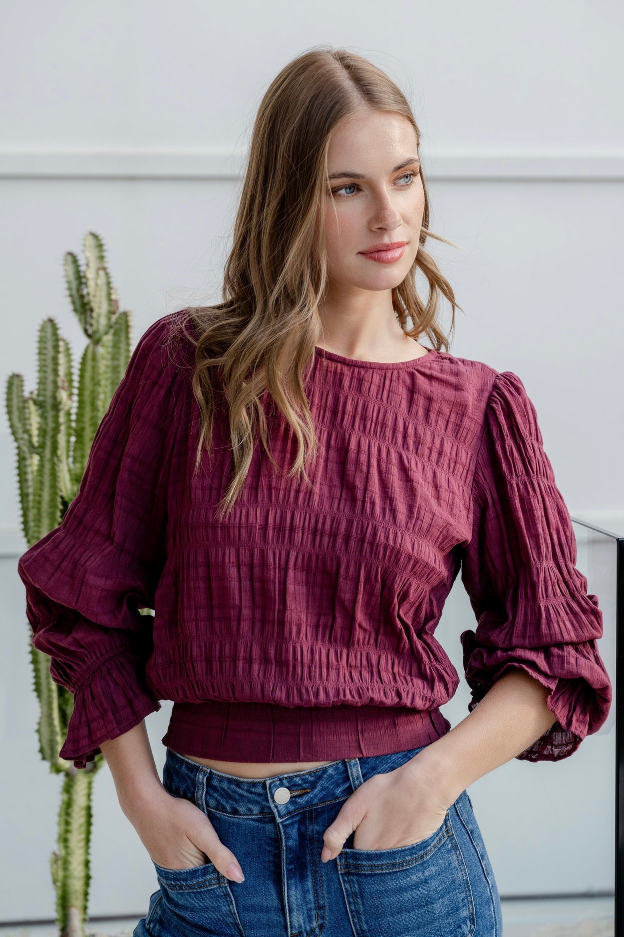 Imagine Burgundy Shirred Cotton Frill Sleeve LS Top
