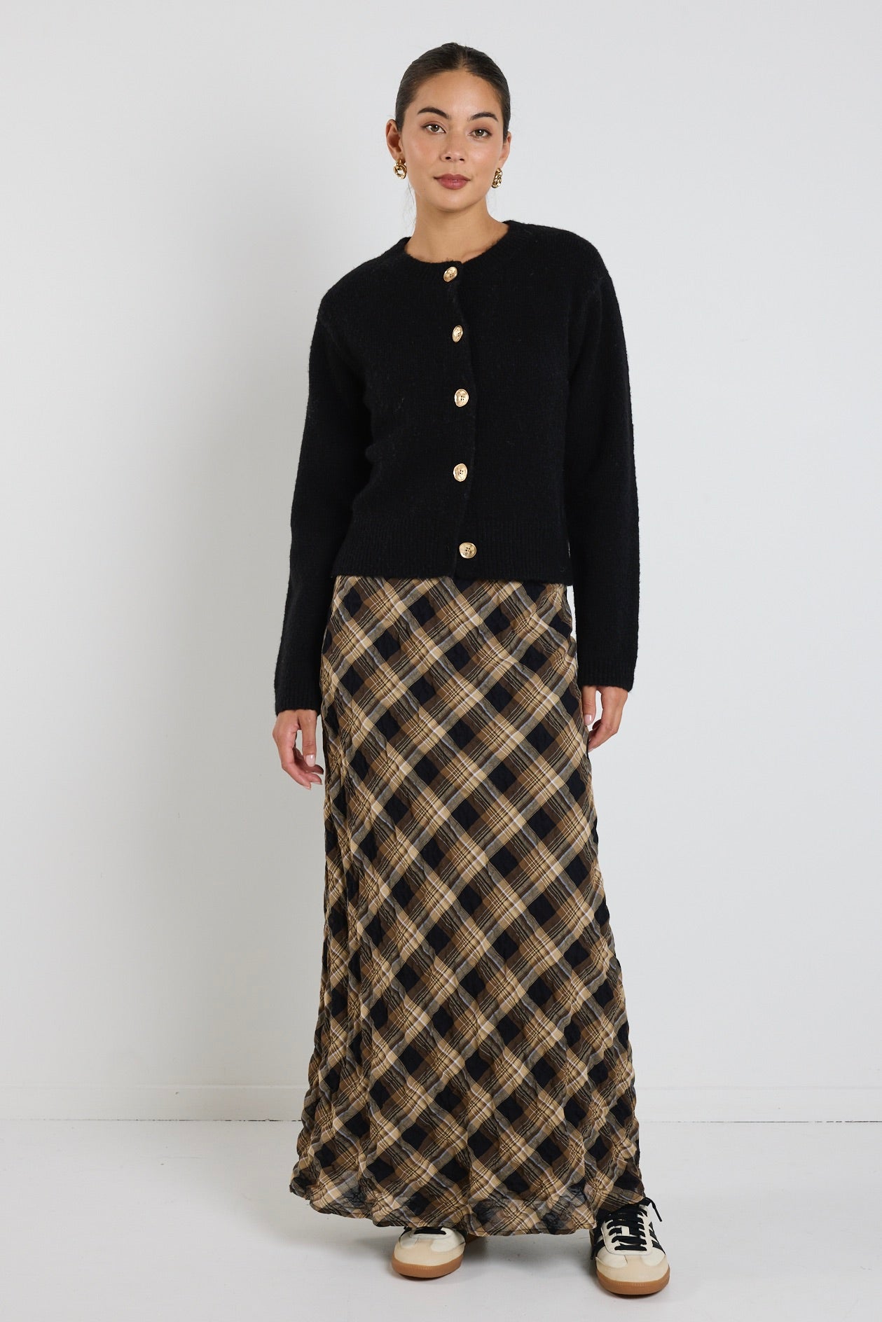 Breathe Caramel Check Bias Maxi Skirt