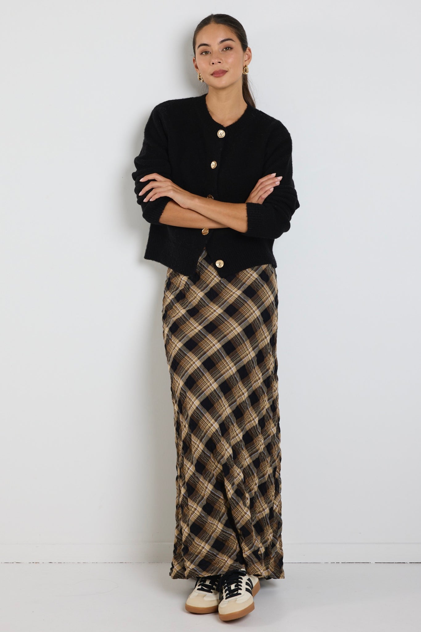 Breathe Caramel Check Bias Maxi Skirt