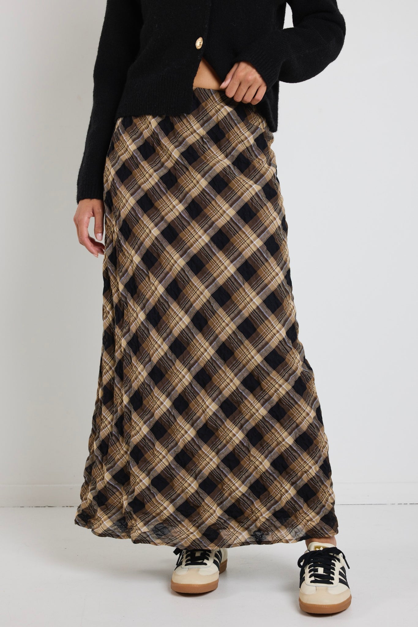 Breathe Caramel Check Bias Maxi Skirt