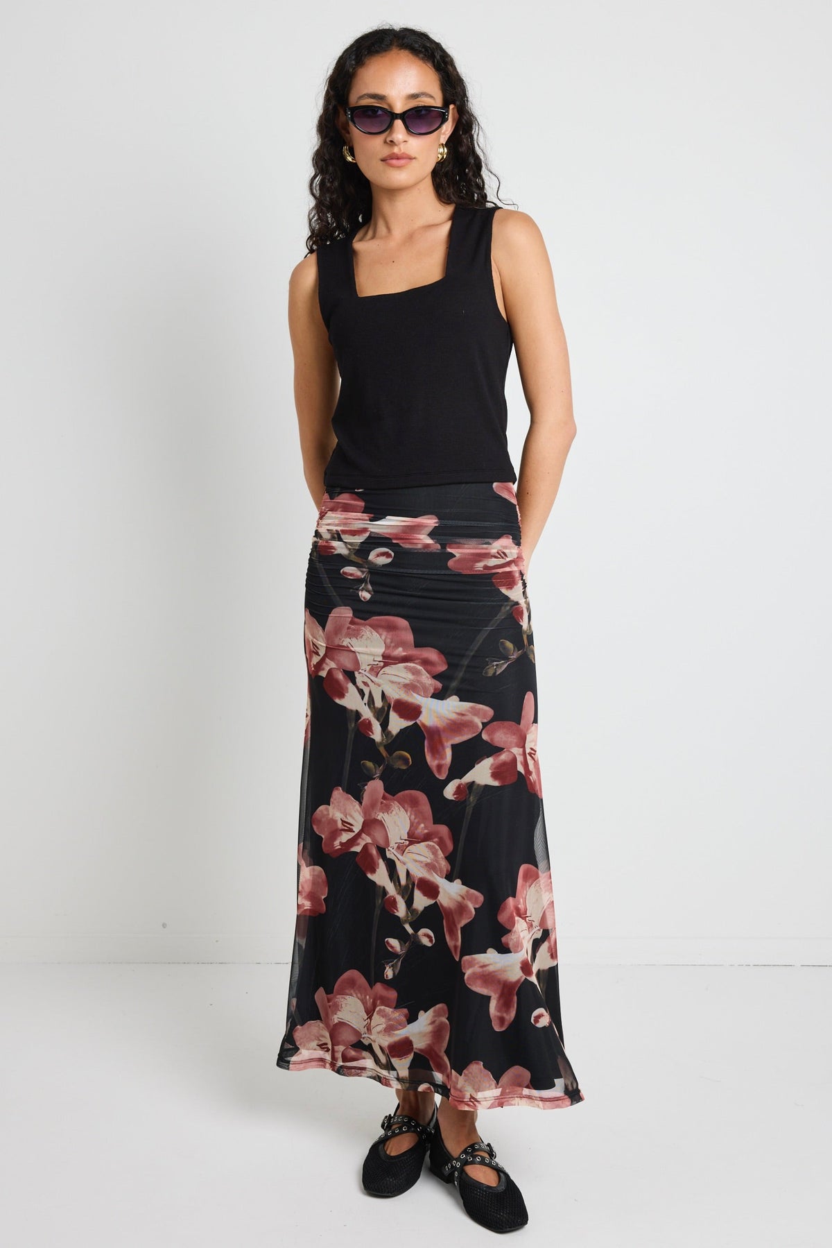 Manner Blush Floral Rouched Mesh Midi Skirt