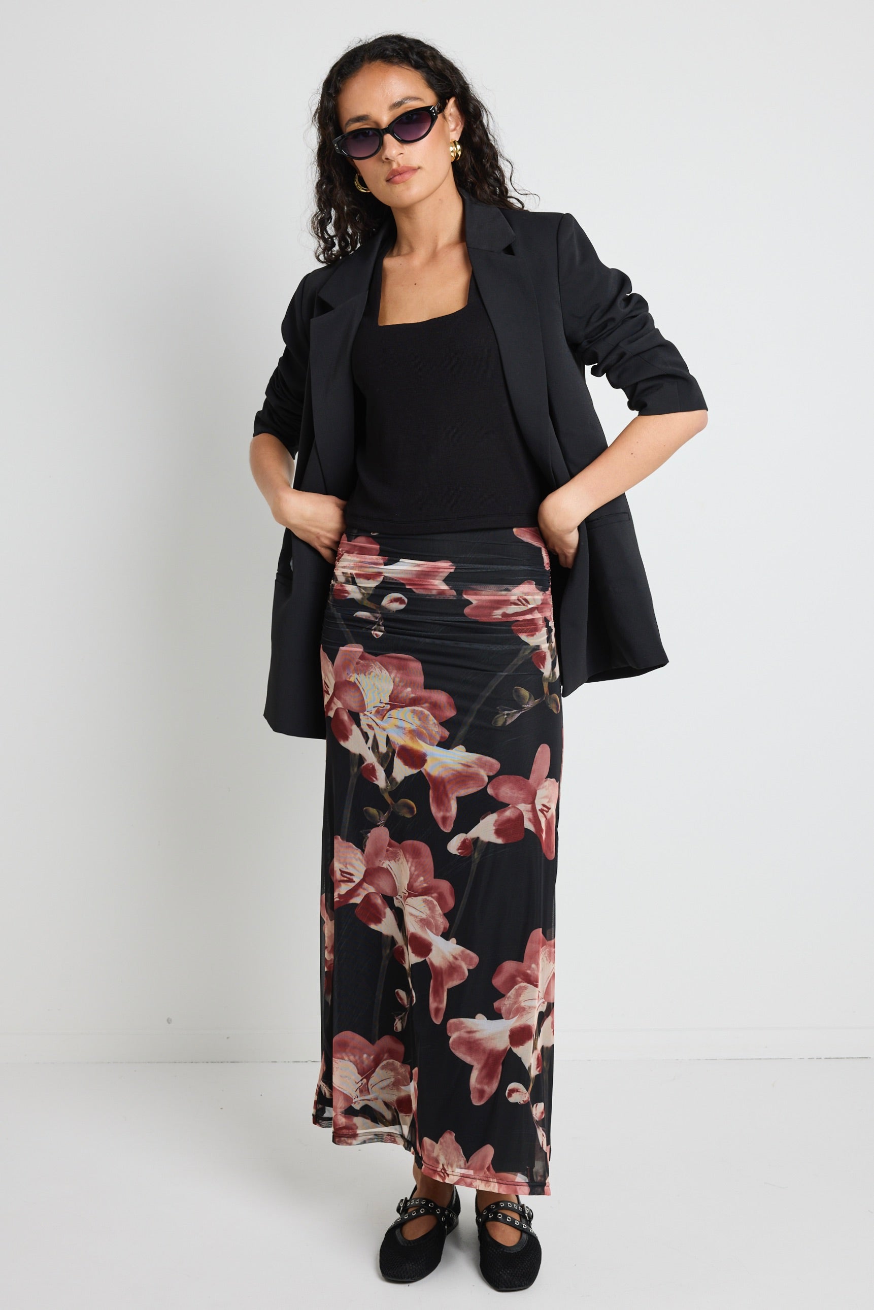 Manner Blush Floral Rouched Mesh Midi Skirt
