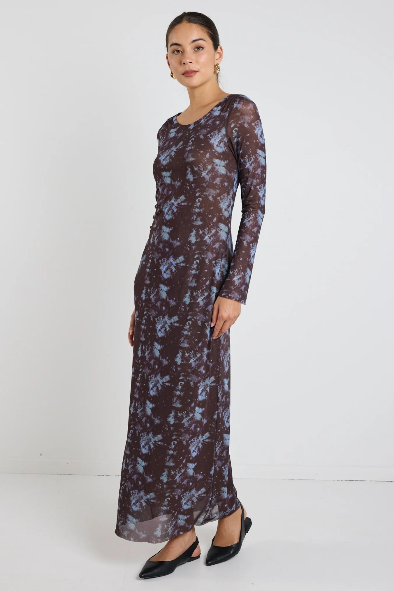 Promenade Chocolate Tie Dye Mesh Long Sleeve Midi Dress
