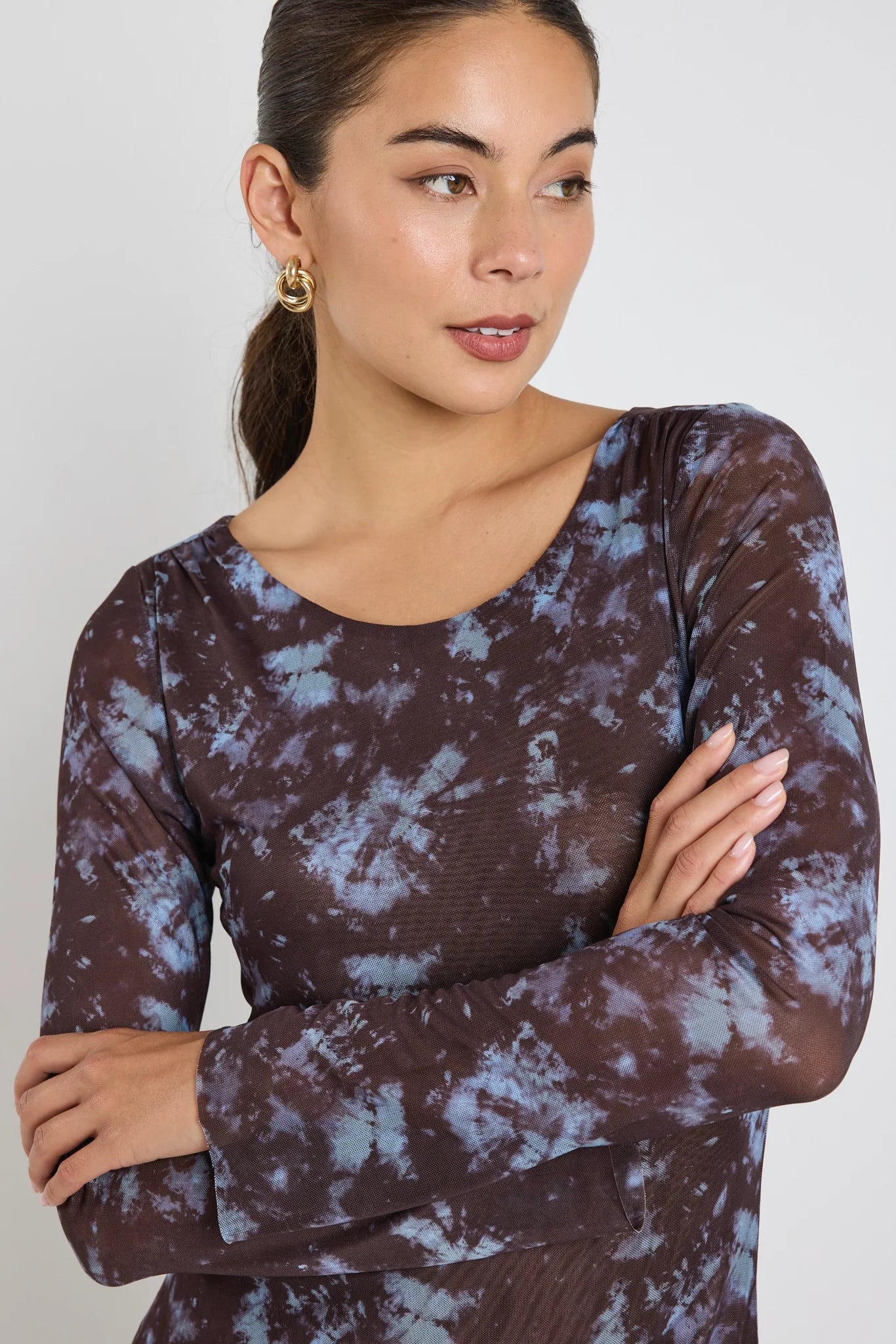 Promenade Chocolate Tie Dye Mesh Long Sleeve Midi Dress