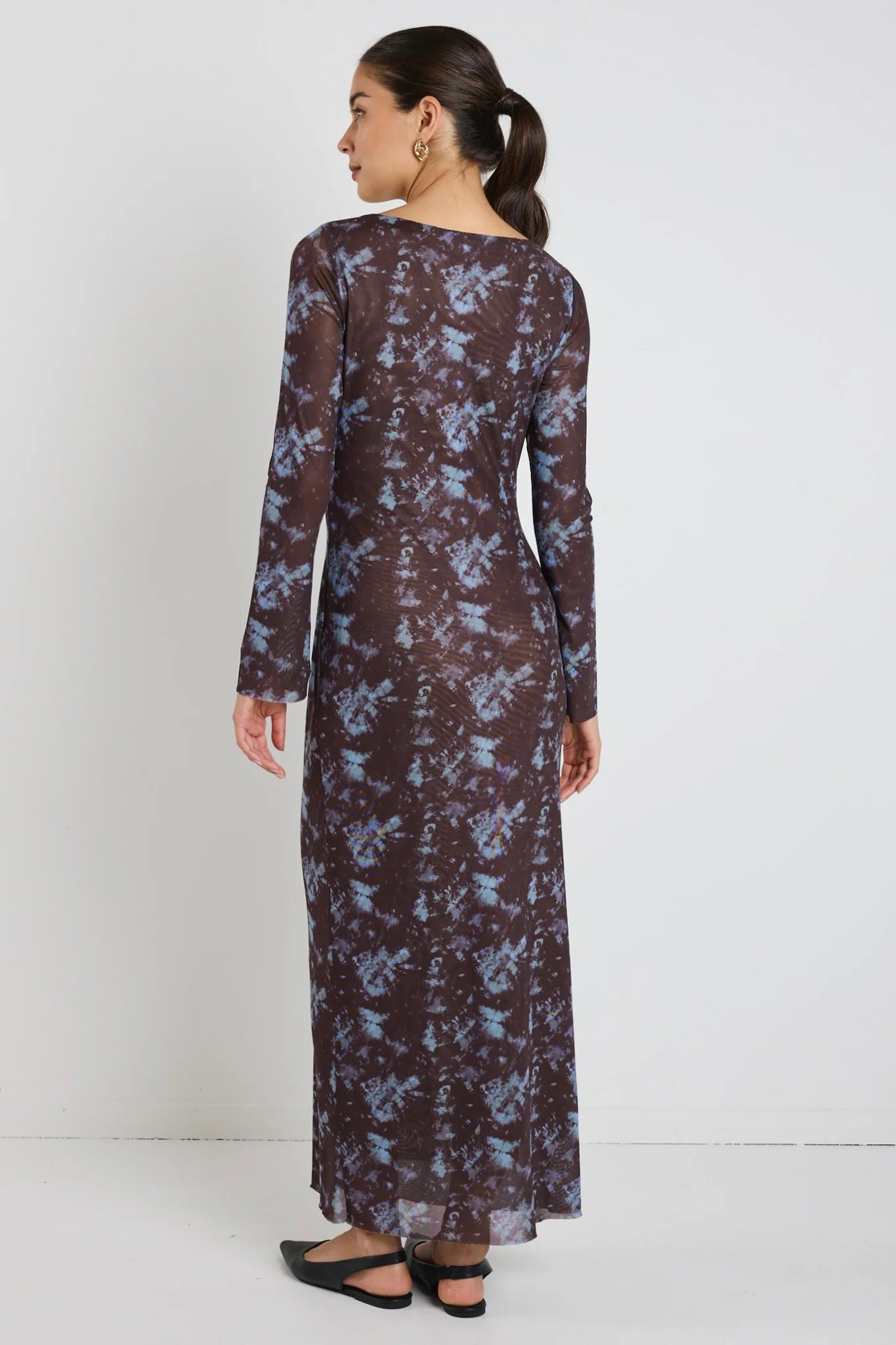 Promenade Chocolate Tie Dye Mesh Long Sleeve Midi Dress