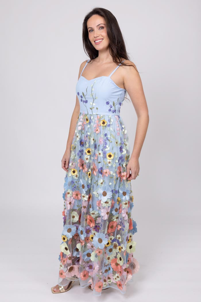 SAVANNAH EMBROIDERED LACE MAXI DRESS BLUE