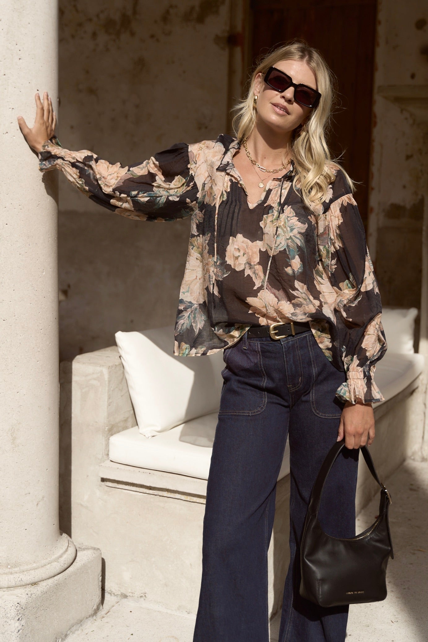 Refined Navy Peach Floral LS Pintuck Top