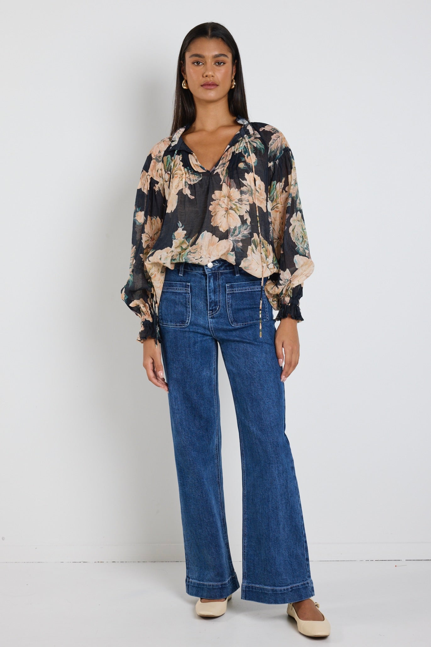 Refined Navy Peach Floral LS Pintuck Top