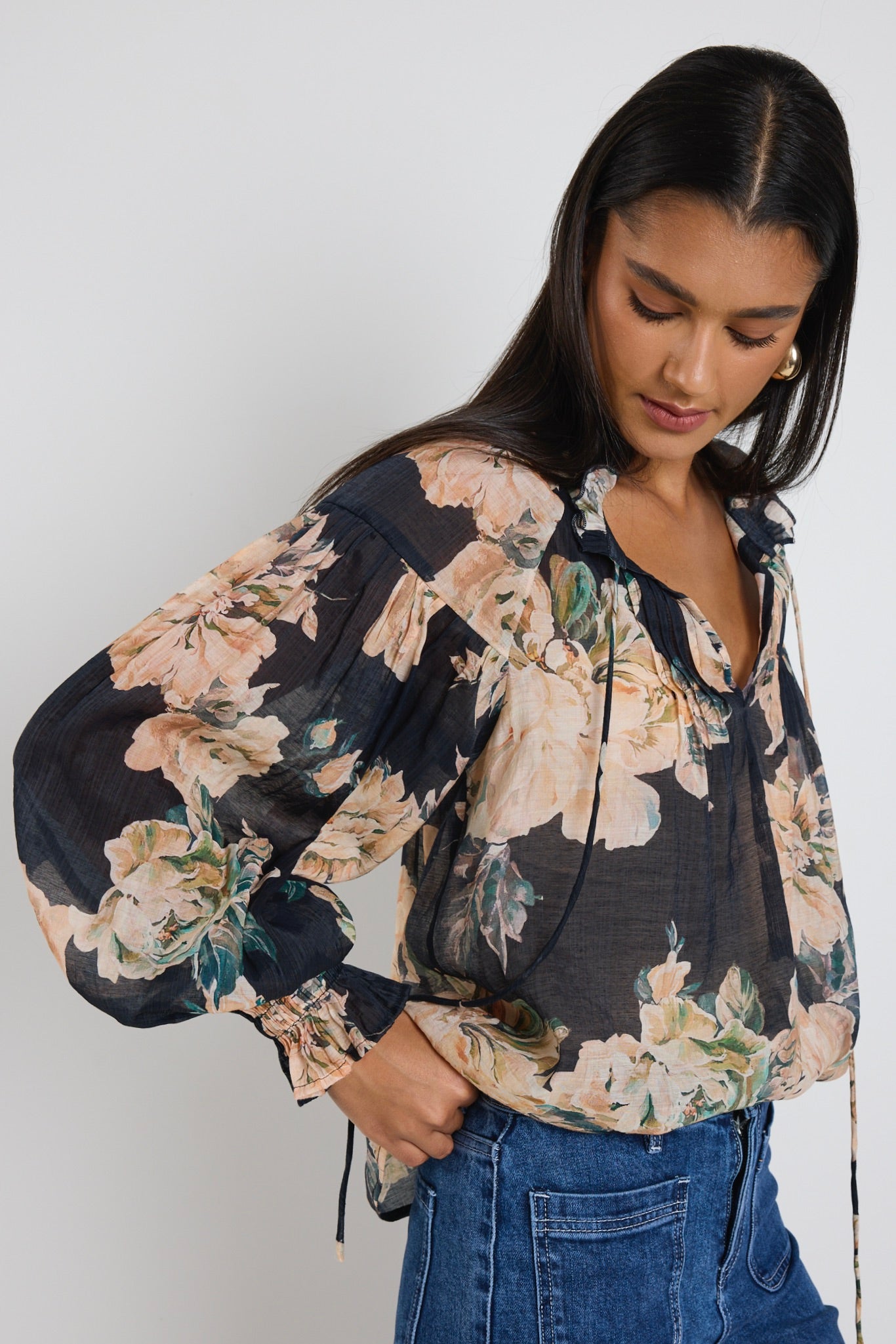 Refined Navy Peach Floral LS Pintuck Top