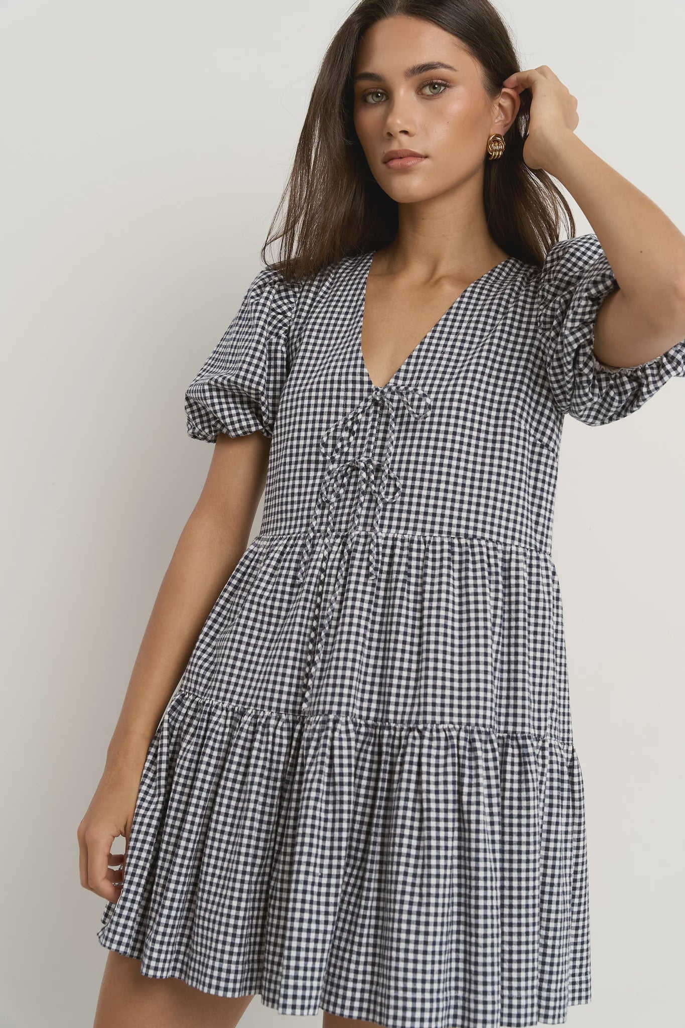 Roam Navy Gingham Puff Sleeve Tie Front Mini Dress