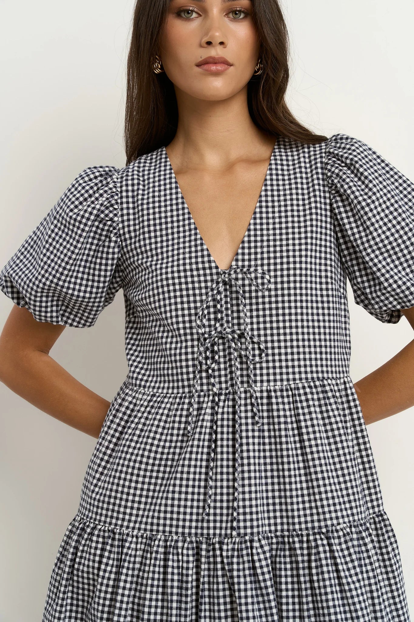 Roam Navy Gingham Puff Sleeve Tie Front Mini Dress
