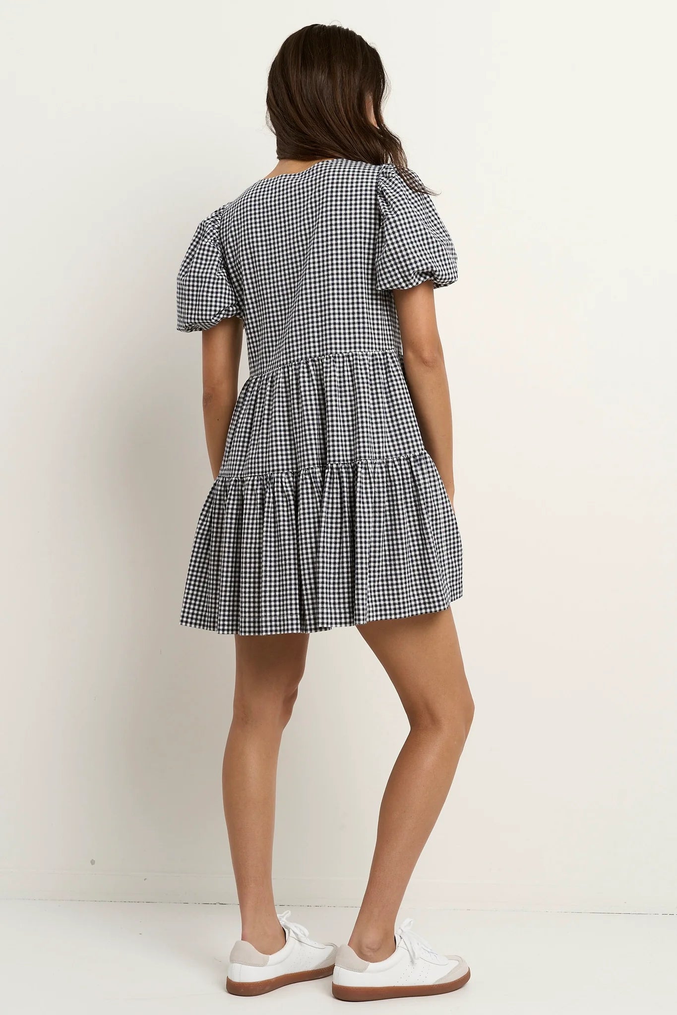 Roam Navy Gingham Puff Sleeve Tie Front Mini Dress