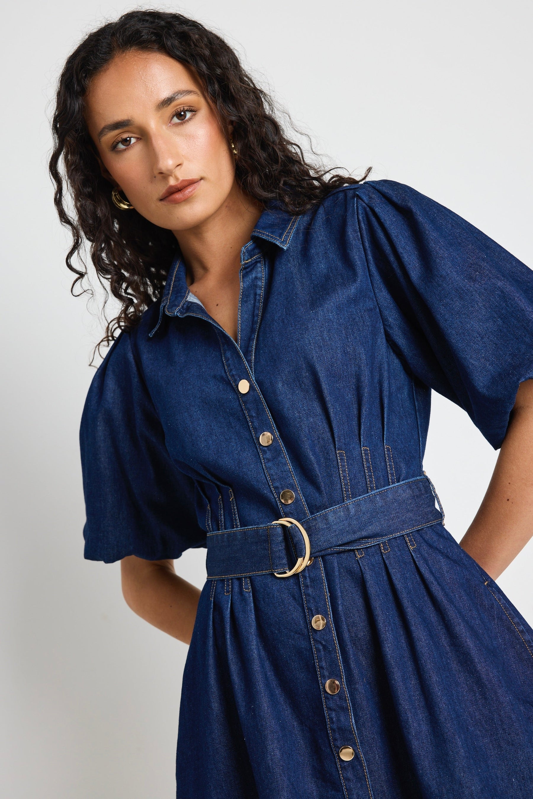 Sundown Indigo Denim Puff Sleeve Mini Shirt Dress