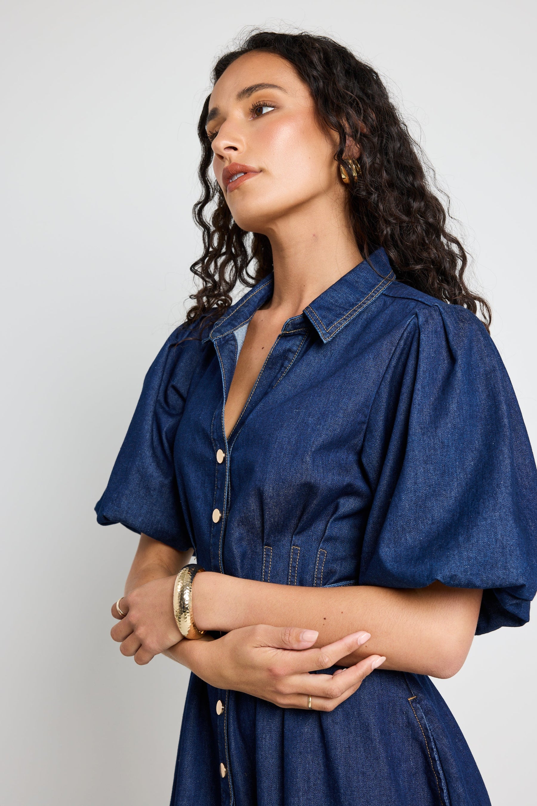Sundown Indigo Denim Puff Sleeve Mini Shirt Dress