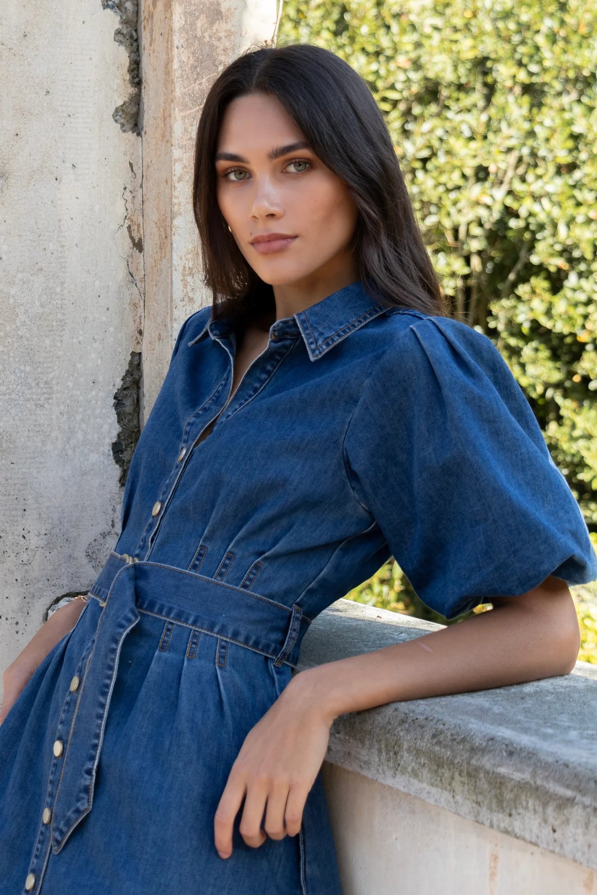 Sundown Storm Blue Denim Puff Sleeve Mini Shirt Dress