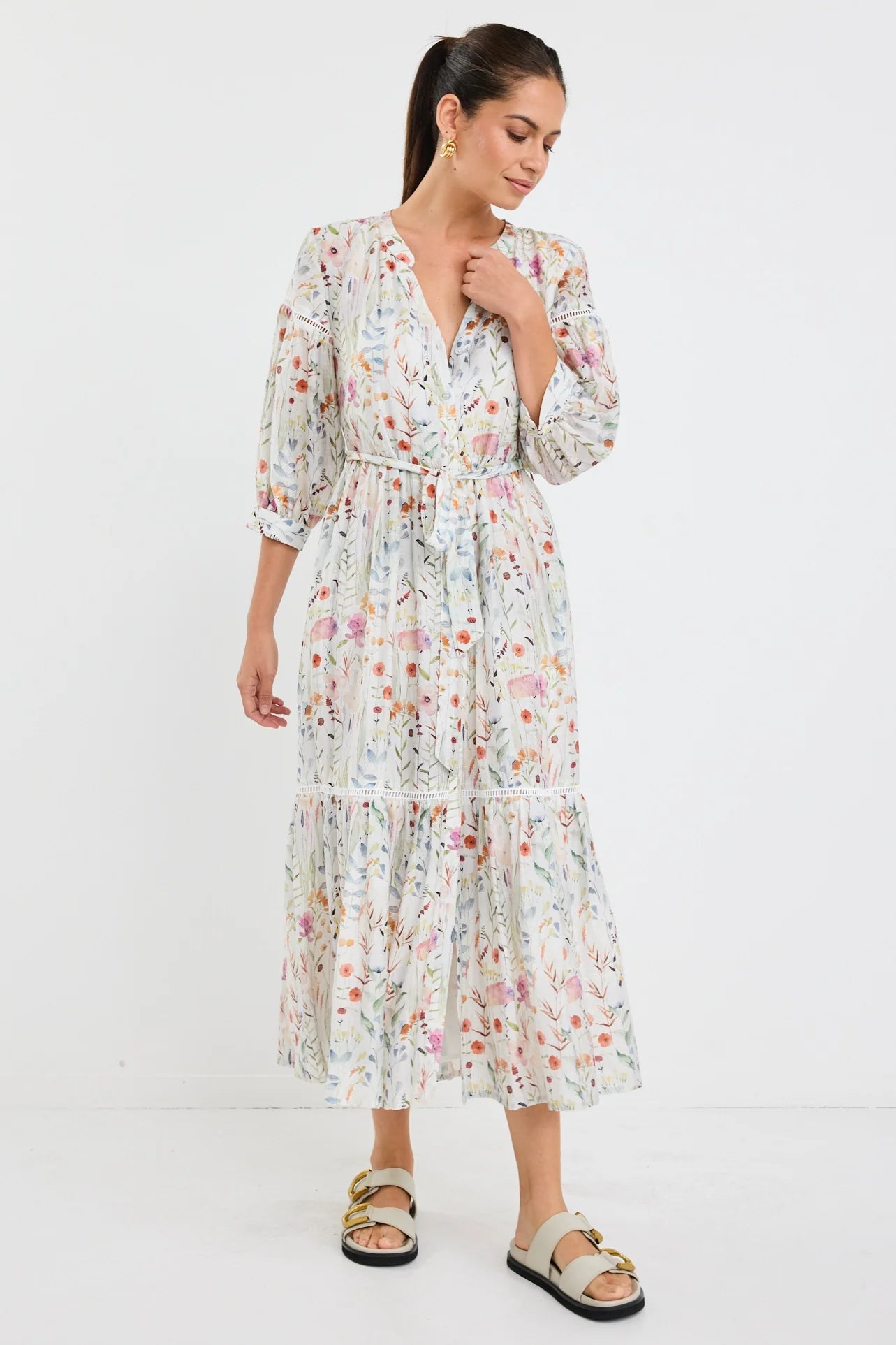 Wisdom Cream Floral Midi Shirt Dress