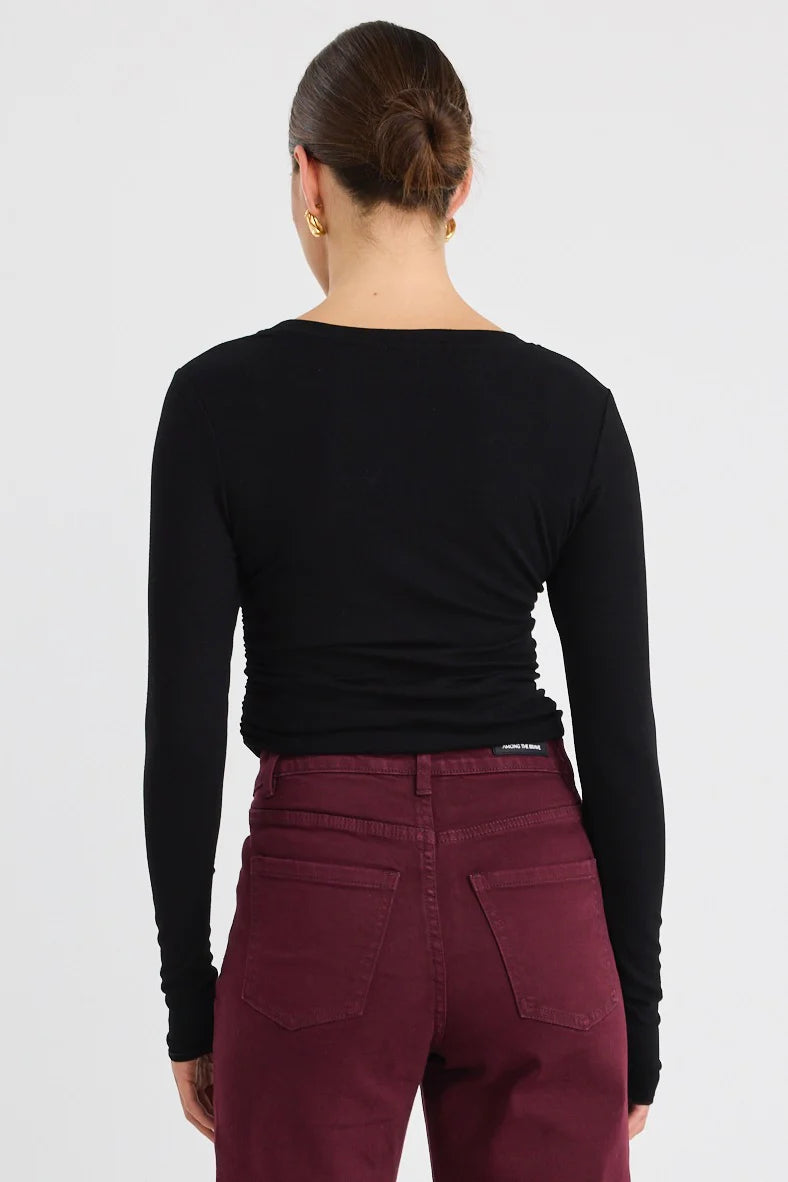 Muster Black Stretch Rouched Side Crew Top