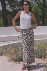 Departure Khaki Maze Print Tie Waist Bias Maxi Skirt