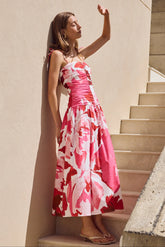 Royalty White Poppy Floral Stretch Cotton Pleated Maxi Dress Regular Price