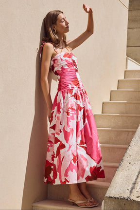 Royalty White Poppy Floral Stretch Cotton Pleated Maxi Dress Regular Price