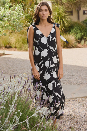 Spontaneous Black and White Floral Tie Shoulder Relaxed Midi Dress