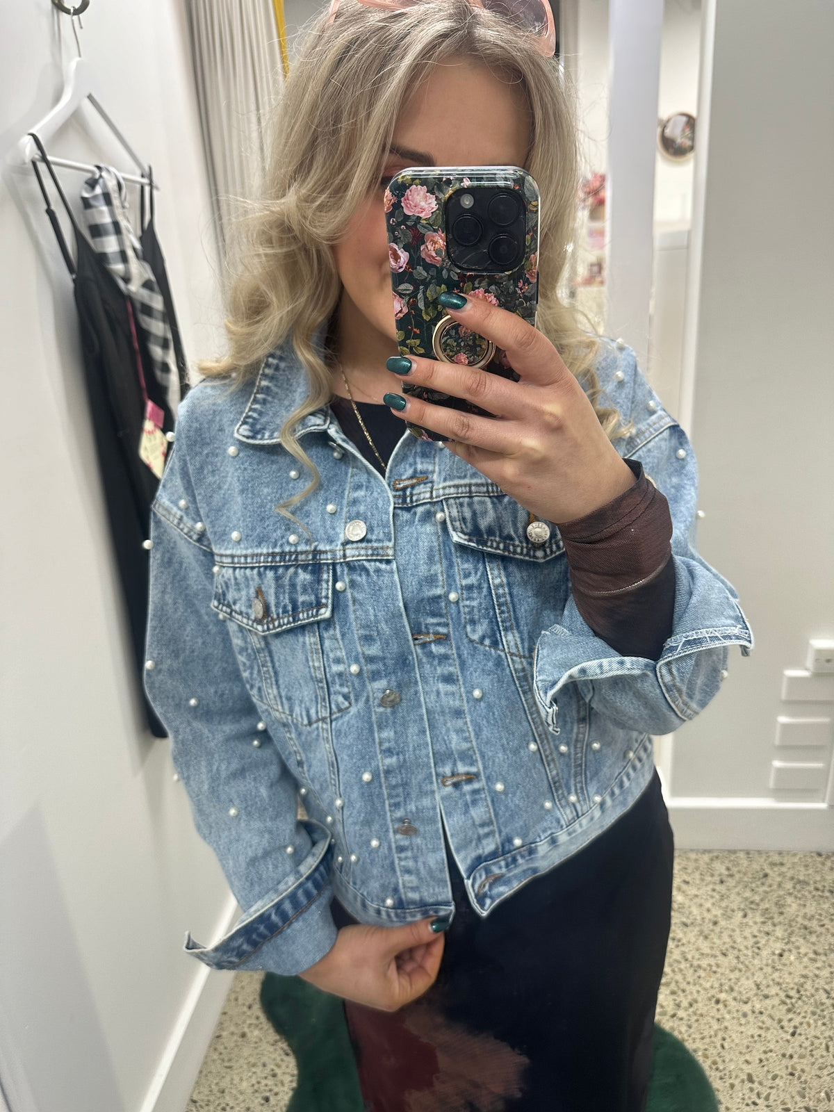 Denim Jacket with Pearls