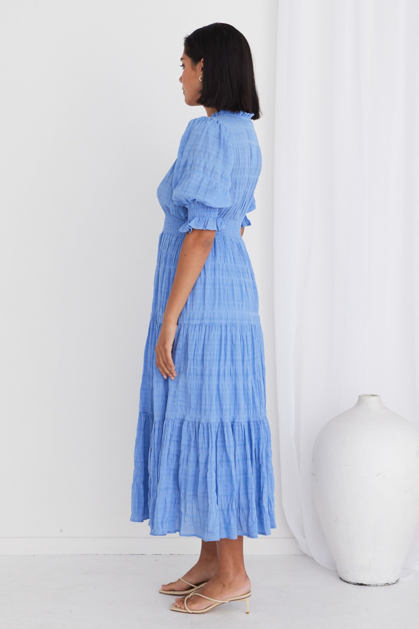 Charlie French Blue Shirred Cotton Tiered Midi Dress