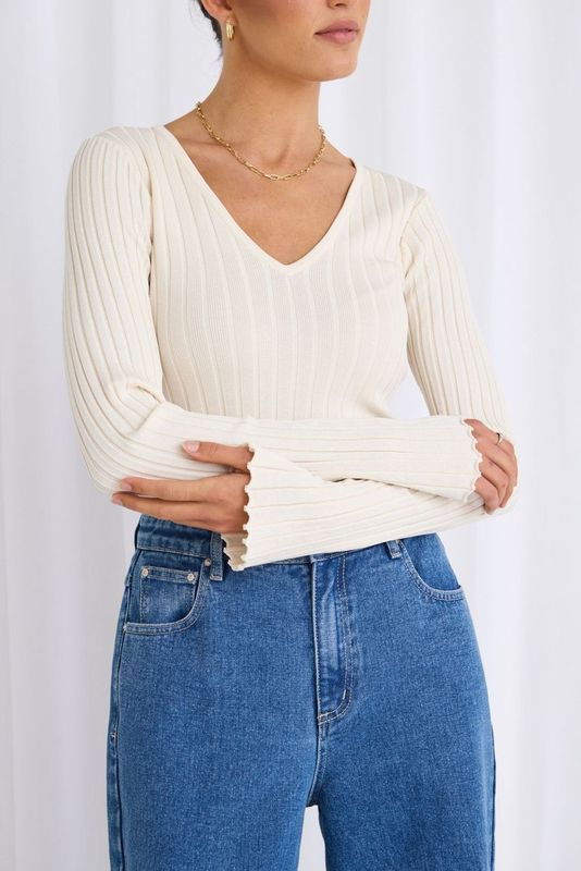 Nico Taupe Stripe LS V Neck Rib Knit Top