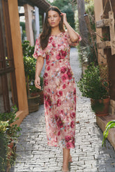Exquisite Painted Rose Puff Sleeve Midi Dress