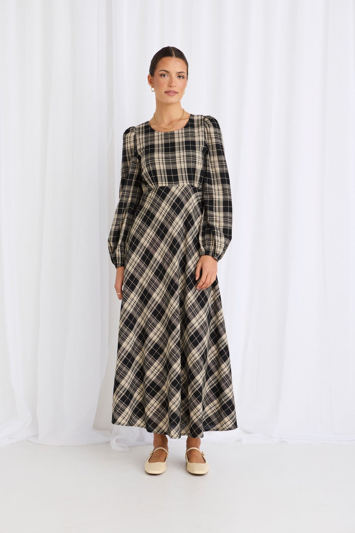 Caspian Black Check LS Bias Maxi Dress