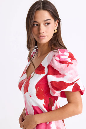Adelaide White Poppy Floral Puff Sleeve Panelled Mini Dress