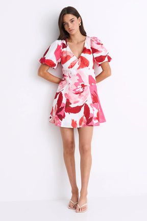 Adelaide White Poppy Floral Puff Sleeve Panelled Mini Dress