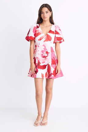 Adelaide White Poppy Floral Puff Sleeve Panelled Mini Dress