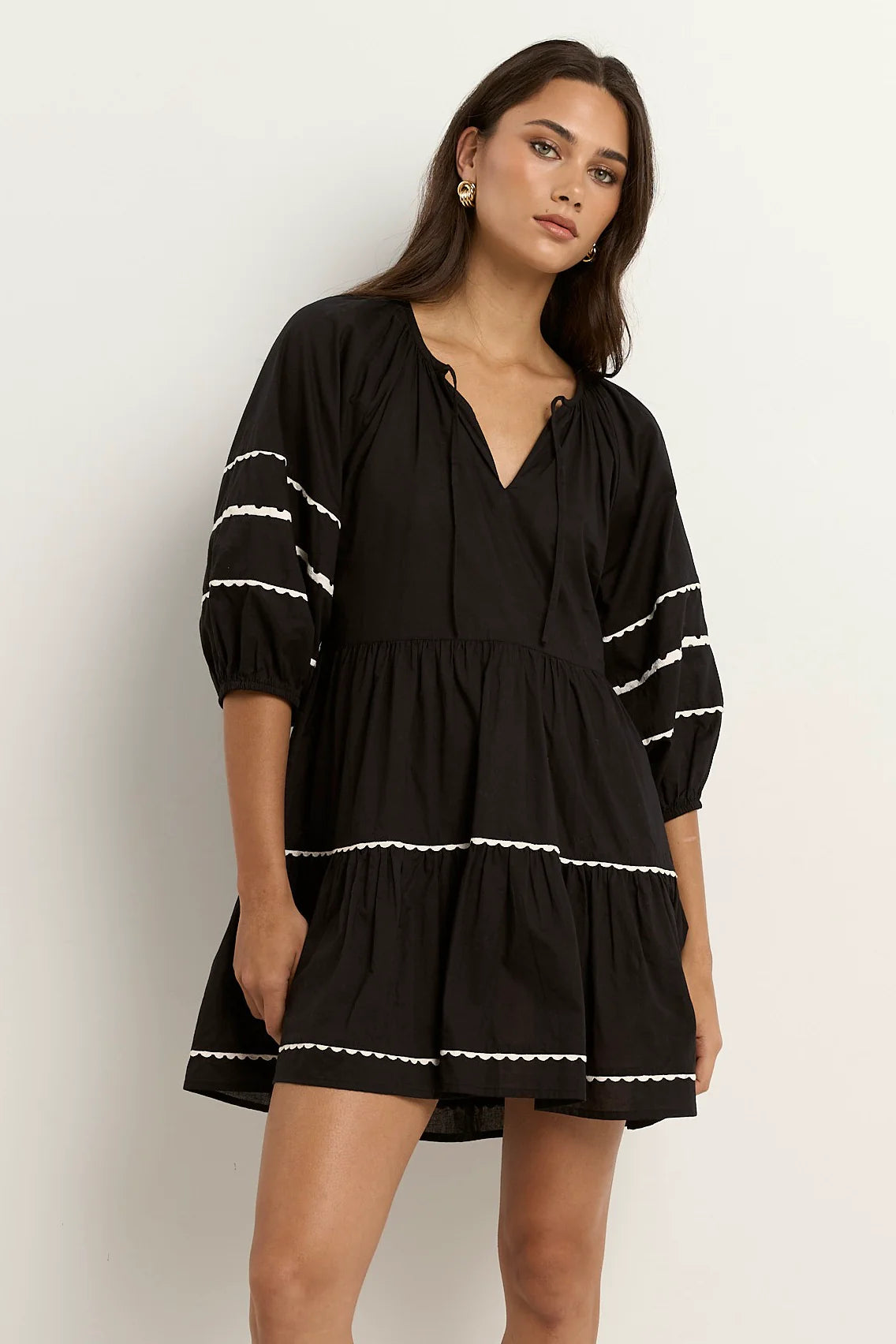 Again Black SS Tiered Smock Dress